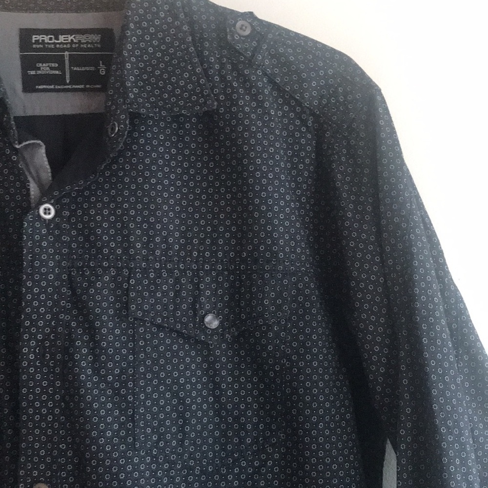 ProjekRaw navy/black patterned shoulder detail contrast cuff front pocket EUC